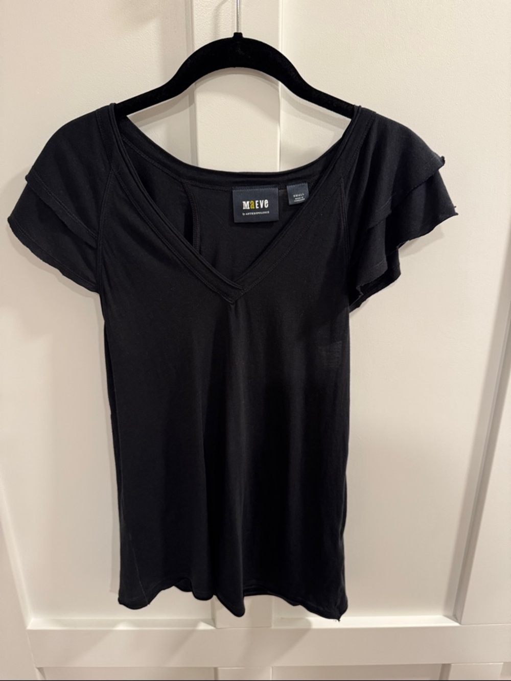 Maeve Black V-Neck Flutter-Sleeve Tee